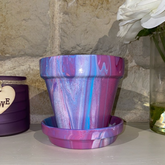 Other - Hand painted abstract acrylic fluid pour art clay terracotta flower pot